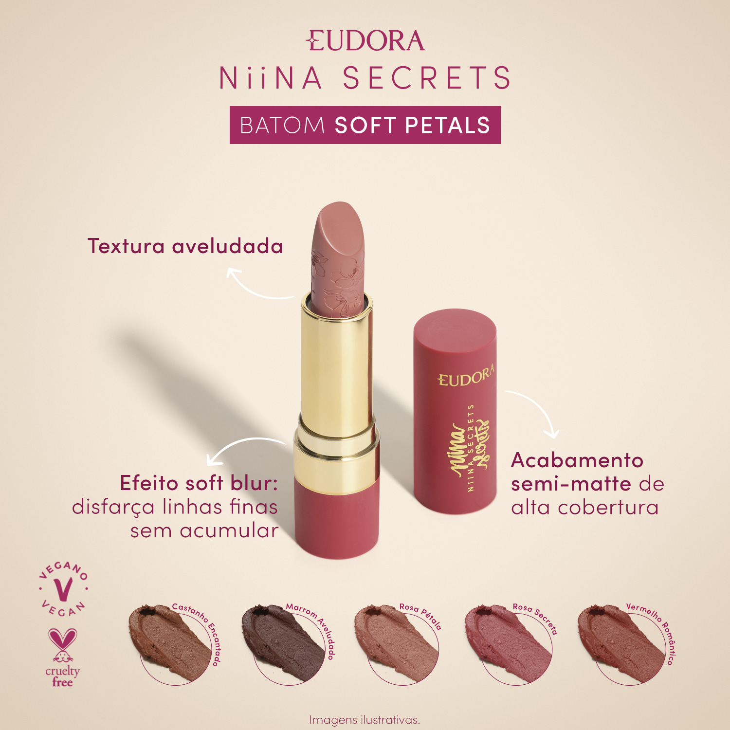 Niina Secrets Combo Batom Soft Petals Rosa Secreta 3,8g + Iluminador Soft Petals 3g + Maleta de Maquiagem